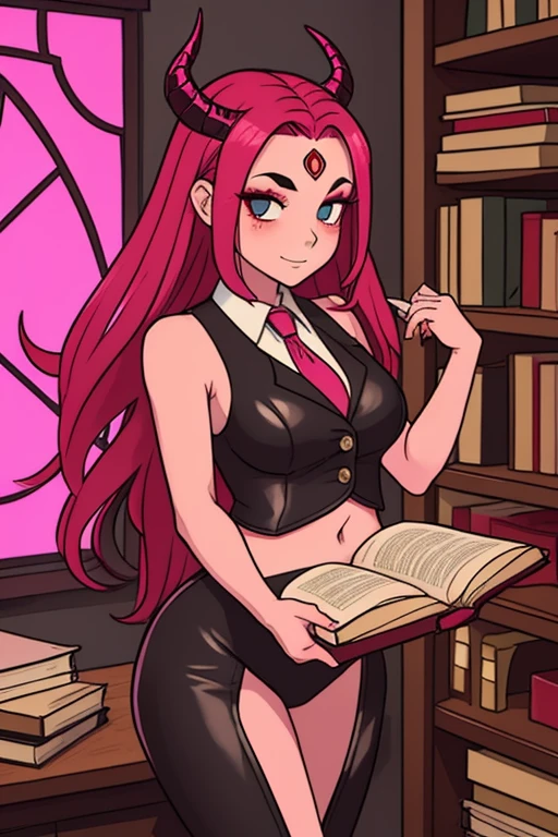 A pink haired female reaper with violet eyes and an hourglass figure in gothic ballgown is reading a book in a creepy library with a big smile