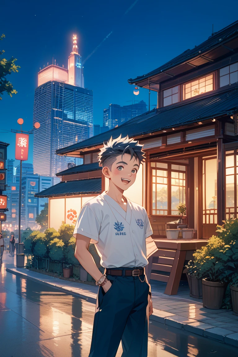 Japanese man in his 50s with spiky hair hanging out outside a live house in downtown New York at night。Wild atmosphere excited while listening to rock。Japanese anime style