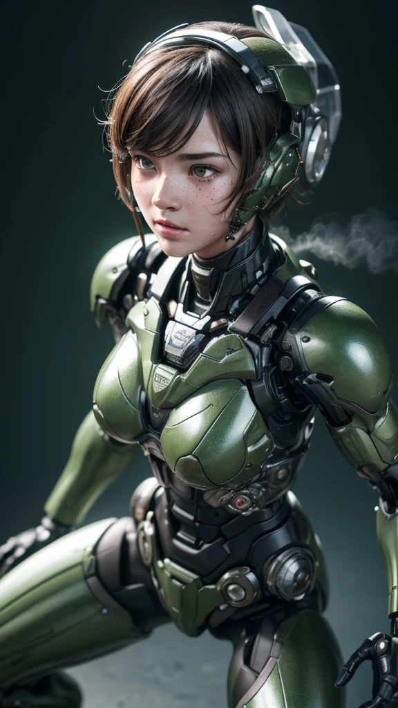 A woman, beautiful face, brown eyes, dark brown bob hair, mecha body, (white, green, purple). best quality, masterpiece, Ultra high detail, 8k