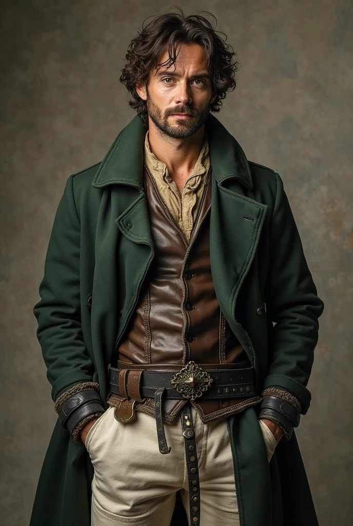 Medieval times man with olive skin and slightly medium length messy curly hair with no  hair, with beauty marks, one under his right eye near his nose and two like snakebites on the left side of his chin in a big dark shaded green coat with a leather vest underneath and a tan undershirt with a great “V” belt with white pants and black boots