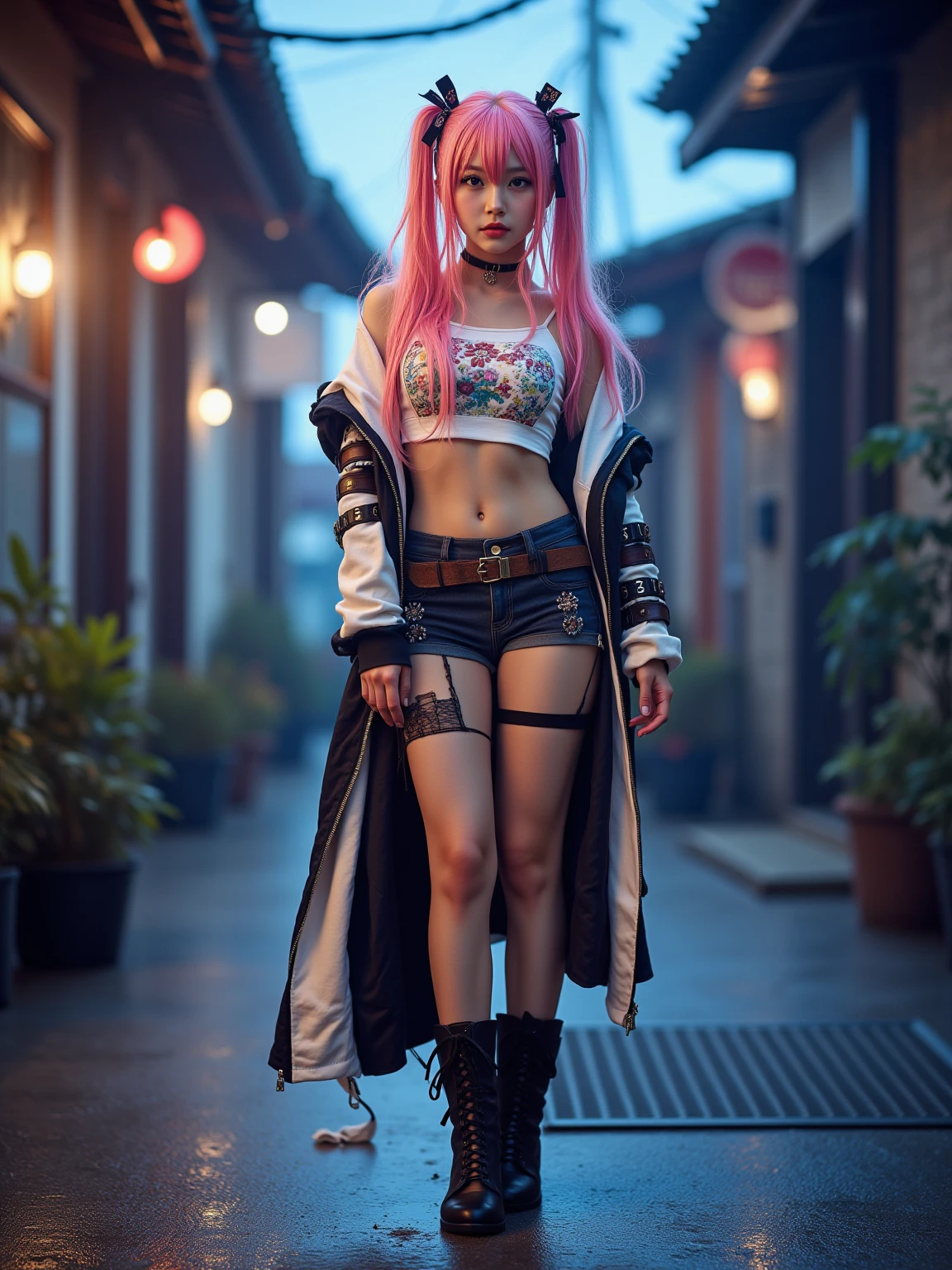 tall girl with fangs standing in the street at night, sexy pose ,snow on the ground, wet clothes, seductive, beauty spot on chin, wearing a loose oversized jacket, off the shoulder, fishnet leggings, wearing an oversized dress, wearing a long loose white shirt, sexy thighs, side pose, small mole on the chin, blushing, neon lights in the background, detailed background, raining, long sleeves, neck choker with necklace, long necklace, evil look, detailed digital anime art