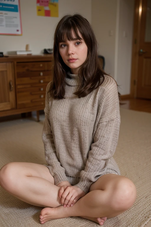 very pretty and delicate 17-year-old dark blonde girl with light eyes, wearing a sweater on all fours, Blickt von hinten over her shoulder in die Kamera that is placed directly behind her, zeigt einen kleinen und runden Arsch, mit hochgezogenem Pullover,