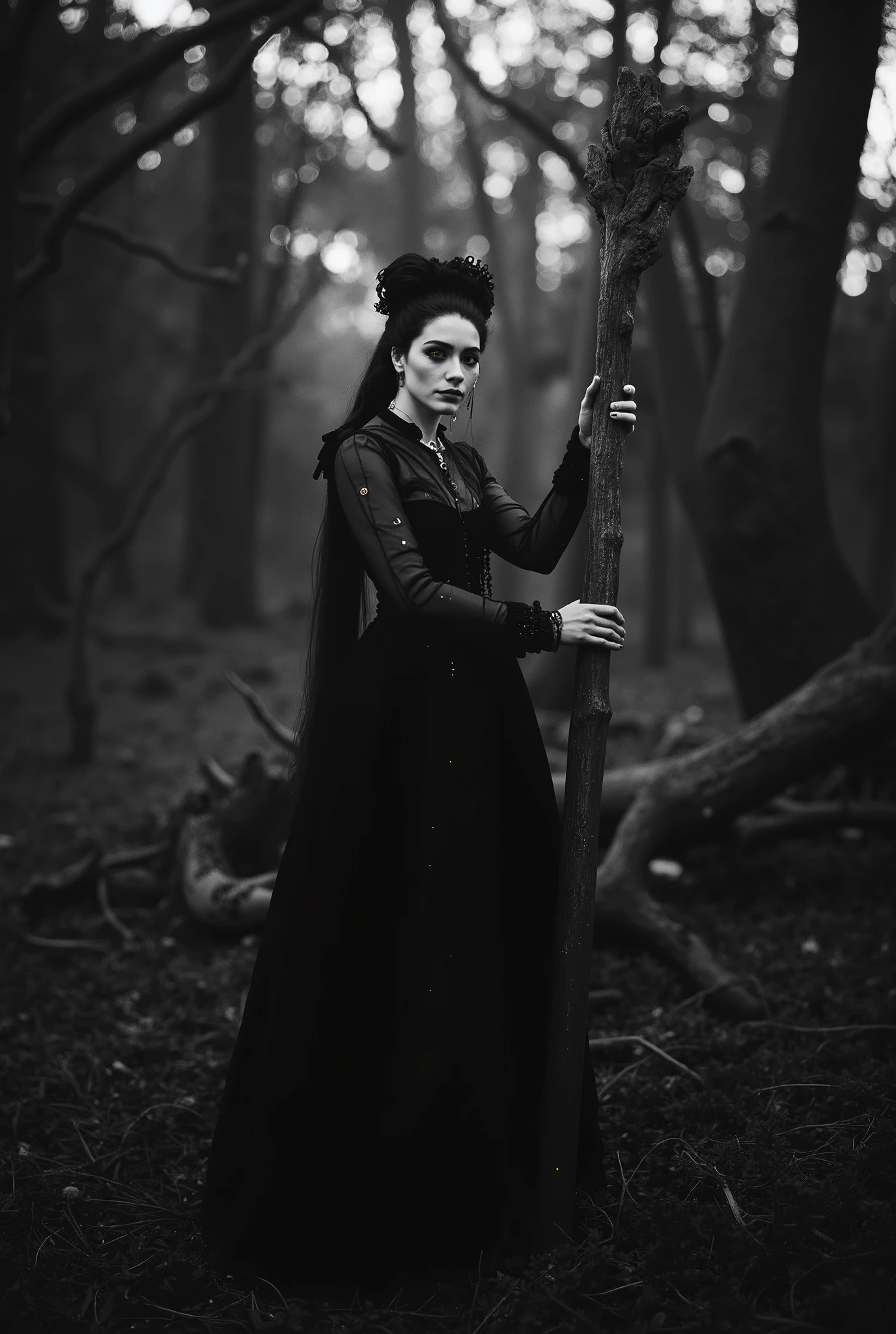 Ultra-realistic cinematic portrait, 8K, Unreal Engine 5 photorealism — A pale-skinned woman with heterochromatic eyes (amber and steel-blue) stands in a shadow-drenched, primordial forest at twilight, performing a cryptic ritual. She holds a torch whose flame warps unnaturally toward an ancient oak totem carved with glowing Norse runes. Wearing a corseted Victorian mourning dress (matte black taffeta, moth-wing lace cuffs) layered under a sheer charcoal chiffon tunic printed with faint constellations, her Rapunzel-length braid, woven with black velvet ribbons, cascades over one shoulder. The scene is lit solely by fire: the torch casts dramatic chiaroscuro across her face and the totem, while a hidden campfire bathes gnarled, scarred trees in deep Prussian blue shadows and flickers of crimson. Ground-level mist swirls with blue-tinged smoke, floating embers, and crushed leaves underfoot. Shot on an 85mm f/1.2 lens with 2.35:1 aspect ratio, featuring hyper-detailed textures (lace threads, dewy sweat, mossy bark), ray-traced reflections in her eyes, shallow depth-of-field, Ektachrome film grain, and subtle chromatic aberration. A haunting fusion of Dark Souls × Annie Leibovitz × Pan’s Labyrinth, capturing a frozen moment between ritual and revelation.