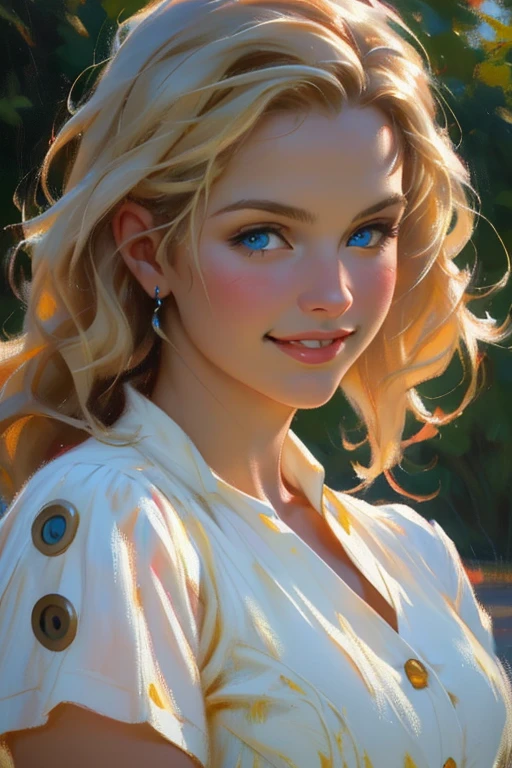 1girl, late twenties, white female, long blonde hair, striking blue eyes, button nose, beautiful smile with dimples, summer dress, lean but curvy body, feminine, outdoors, (Maga, realistic), (oil painting in sfumato technique) (close-up portrait)