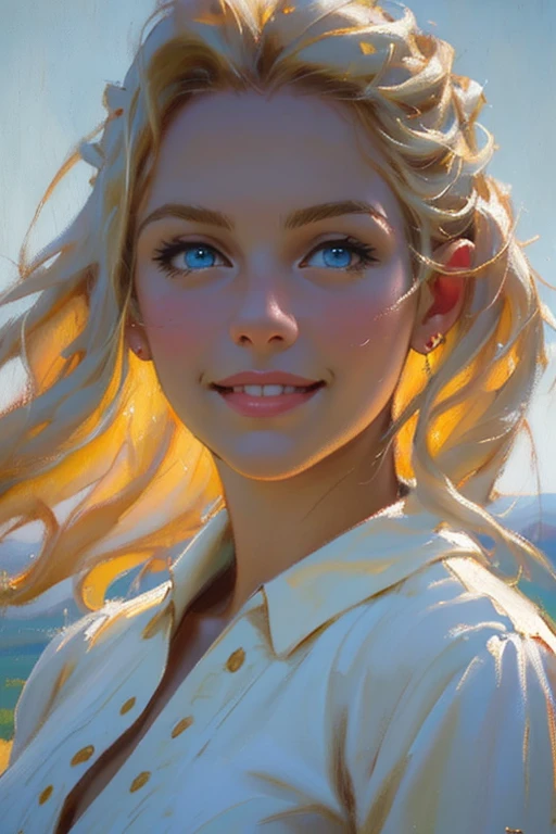1girl, late twenties, white female, long blonde hair, striking blue eyes, button nose, beautiful smile with dimples, summer dress, lean but curvy body, feminine, outdoors, (Maga, realistic), (oil painting in sfumato technique) (close-up portrait)