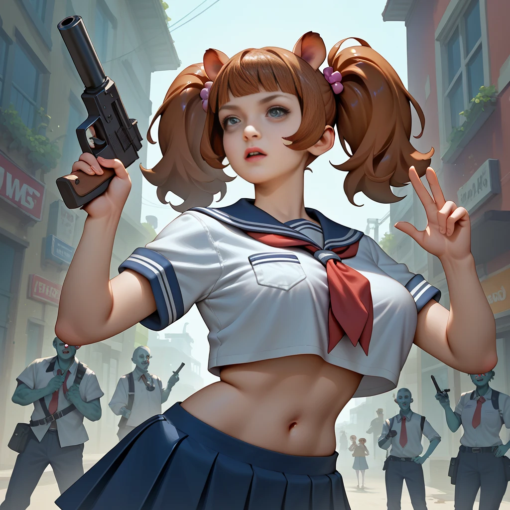 Voluptuous, well-endowed squirrel-girls in a revealing school uniforms firing guns, squirrel ears, squirrel tails, ???????,  zombie warzone