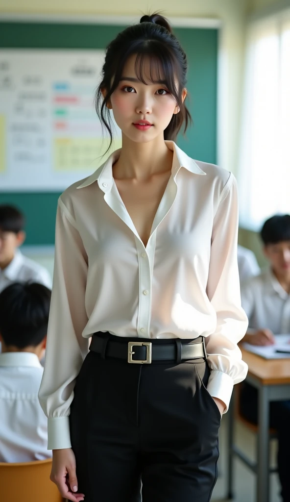 ((Tabletop, Highest quality, High resolution, Hmph, Pixel perfect, 4K, Hmph, Hmph))), One Girl, single, alone, Beauty、The whole body is visible、 ((Short Wavy Hair, bangs, Brown Hair)), ((Brown eyes, Beautiful eyelashes, Realistic eyes)), ((Detailed face, Blushing:1.2)), ((Smooth texture:0.75, Realistic texture:0.65, Realistic:1.1, Anime CG Style)), Medium chest, Dynamic Angle, Perfect body, ((Unbuttoned shirt、I'm not wearing shoes、White Sox)), An empty classroom、Sit at a desk、Lower'I took my feet off the desk.............................................................、evening、、、Very embarrassing panic smile、(Spread your legs、Knees wide open、Floral lace panties)、、(Pink lace bra)、Angle from below