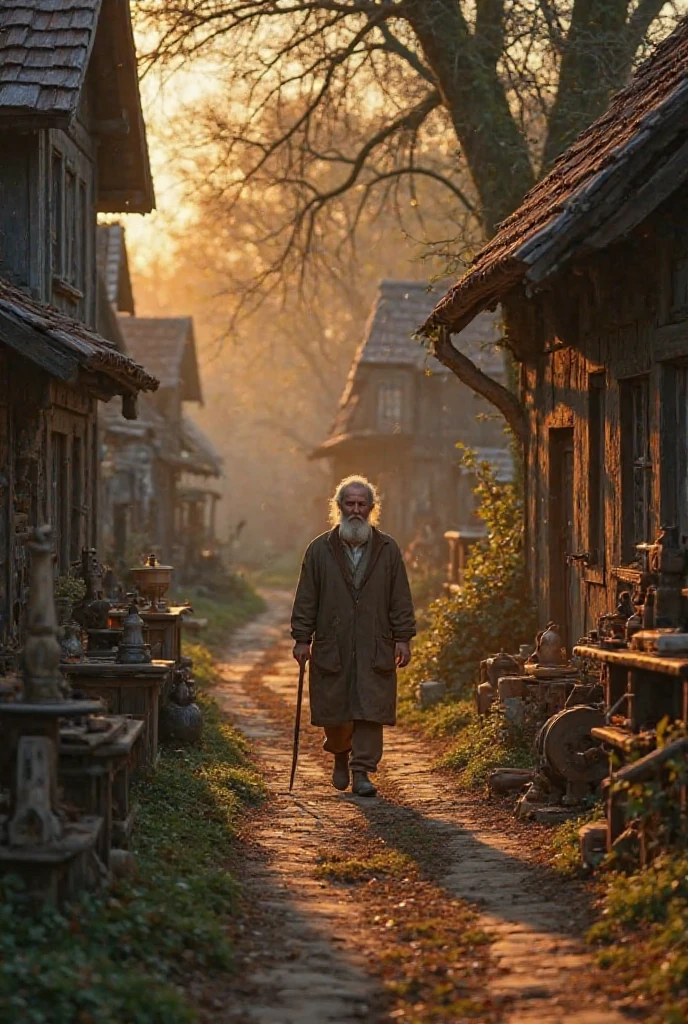 Create a soft and contemplative opening scene. Show an old village at dusk, with wooden houses and trees swaying in the wind. An old carpenter named Elias, with a simple appearance and serene expression, walks slowly to his workshop. The environment should convey peace and nostalgia. Inside the workshop , antique wooden tools, Golden light coming through the window