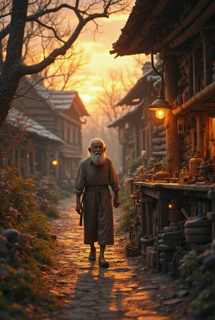 Create a soft and contemplative opening scene. Show an old village at dusk, with wooden houses and trees swaying in the wind. An old carpenter named Elias, with a simple appearance and serene expression, walks slowly to his workshop. The environment should convey peace and nostalgia. Inside the workshop , antique wooden tools, Golden light coming through the window