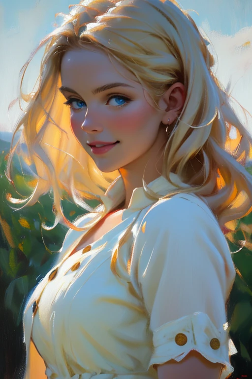 1girl, late twenties, white female, very long blonde voluminous hair, striking blue eyes, button nose, beautiful smile with dimples, summer dress, lean but body, feminine, outdoors, (Maga, realistic), (oil painting in sfumato technique) (close-up portrait)