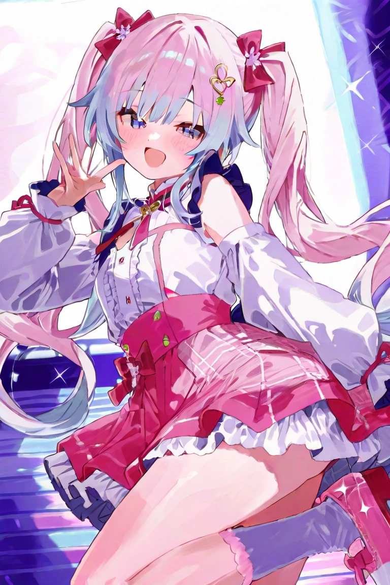 Minato Aqua、multi color hair、Twin-tailed、Color Inner Hair、Two-tone hair、Drill Hair、twin drills、Ahoge、Ankle Cuffs、striated hair、 (highest quality, 8k, masterpiece, Super detailed:1.2), Dynamic pose, Movie angle, Particles of light, Shine, Beautiful fine details, Shiny skin, Shiny Hair, Day, Speckled Daylight,One girl, alone, skirt, smile, cute, Happy, Open your mouth, pleated , Short sleeve, :d, clavicle, bow , live stage, neon light, many audience