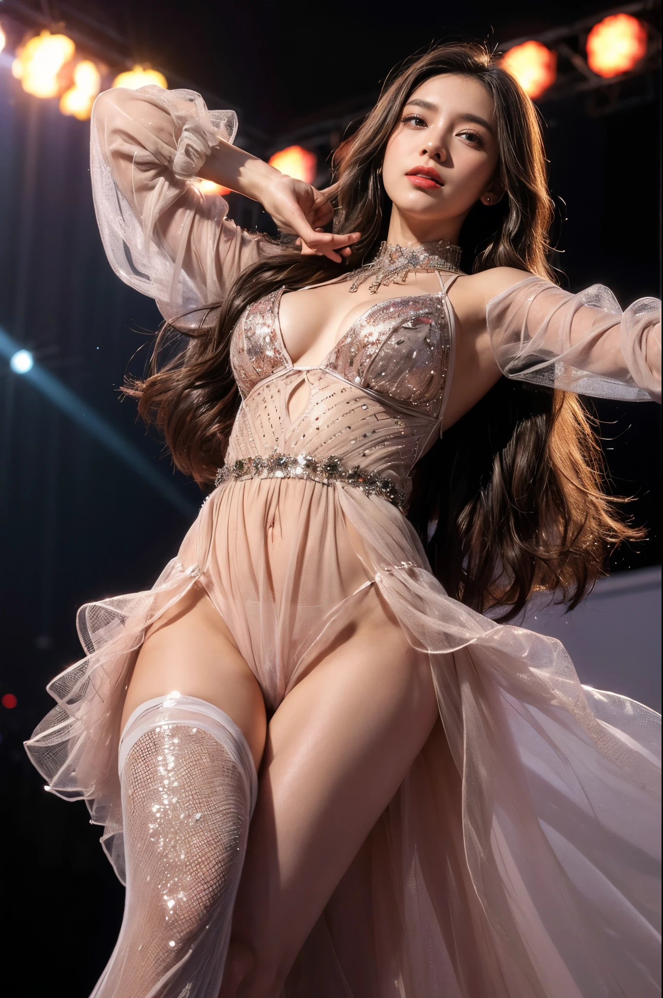 Realistic、(masterpiece、Highest quality、Highest quality、Official Art、beautifully、aesthetic:1.2)、Very detailed、woman,日本人woman,Fractal Art、colorful、The finest details、Tangled、(The background is bright and abstract:1.5)、Bright Eyes、Back to all、Masseter region,High resolution,Idol、clavicle、photograph、movie、Eyes from below,Long Hair,View your audience、Cleavage,((surrealist clothes:1.4)),Puffy eyes,sit,
