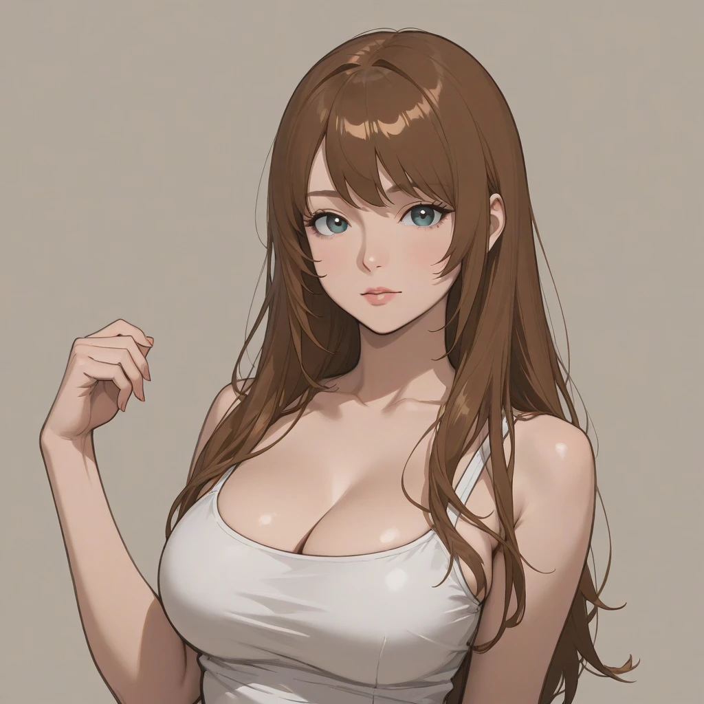 a drawing of a woman in a Branco dress with a big breast, muscular! Branco, suor músculo lara croft, muscular!, muscular!!, Garota musculosa, decote, tifa lockheart, tifa lockhart, tifa, personagem feminina de anime, makoto shinka, close da parte superior do corpo, mulher anime, seios grandes!, Senna do League of Legends, in Branco clothes