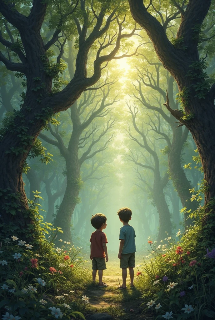 A boy and a boy listening to strange voices in the woods