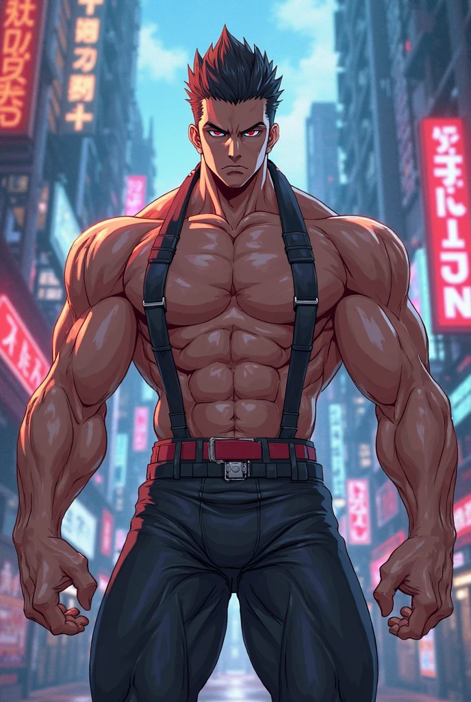 muscular man, hair combed back, serious expression, with light brown skin, red pupils (in anime style.)