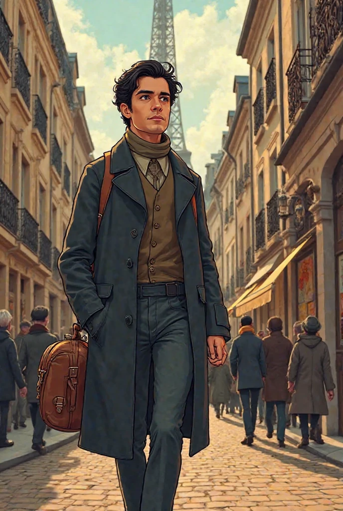 Cartoon-style scene of Jose Rizal, now in his mid-20s, walking through the cobblestone streets of Paris, dressed in a dark coat with a scarf, carrying a leather medical bag. His expression is determined but thoughtful, as he passes by iconic European landmarks like the Eiffel Tower in the distance. In the next scene, he is in a German clinic in Heidelberg, wearing a doctor’s coat, studying anatomy books and practicing eye care on a model. The scene shifts between his travels, showing him in a lecture hall surrounded by diverse students, absorbing new ideas and techniques.On the wall, a framed picture of his mother, Teodora, reminds him of his mission to help her regain her sight. The atmosphere is filled with vibrant cityscapes, soft lighting, and symbolic elements like a map of Europe and a small vial of medicine representing his medical training. The cartoon style is warm and inspiring, capturing his dedication, intellectual growth, and expanding vision for his people’s future. -- CW50