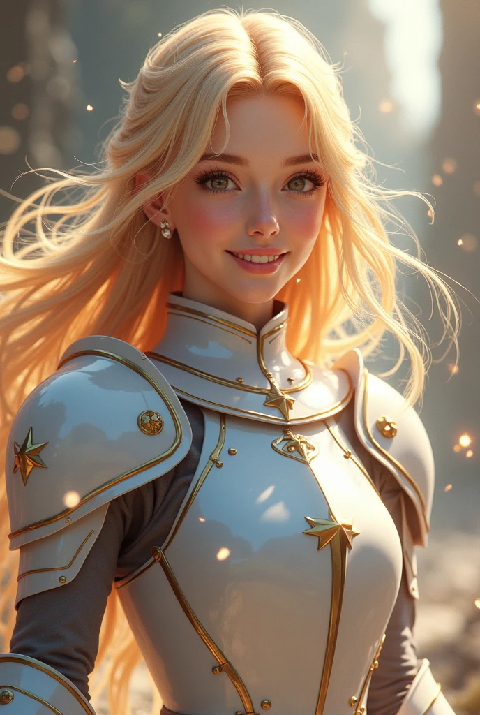 Cute female knight, knight, white silver western-style armor, blonde, curly hair, smiling face, anime period drama style poster, collage art, retro collage, masterpiece, best quality, highly detailed, detailed 4k artwork, gloss, sparkle, white gloss and sparkles, magic particles,