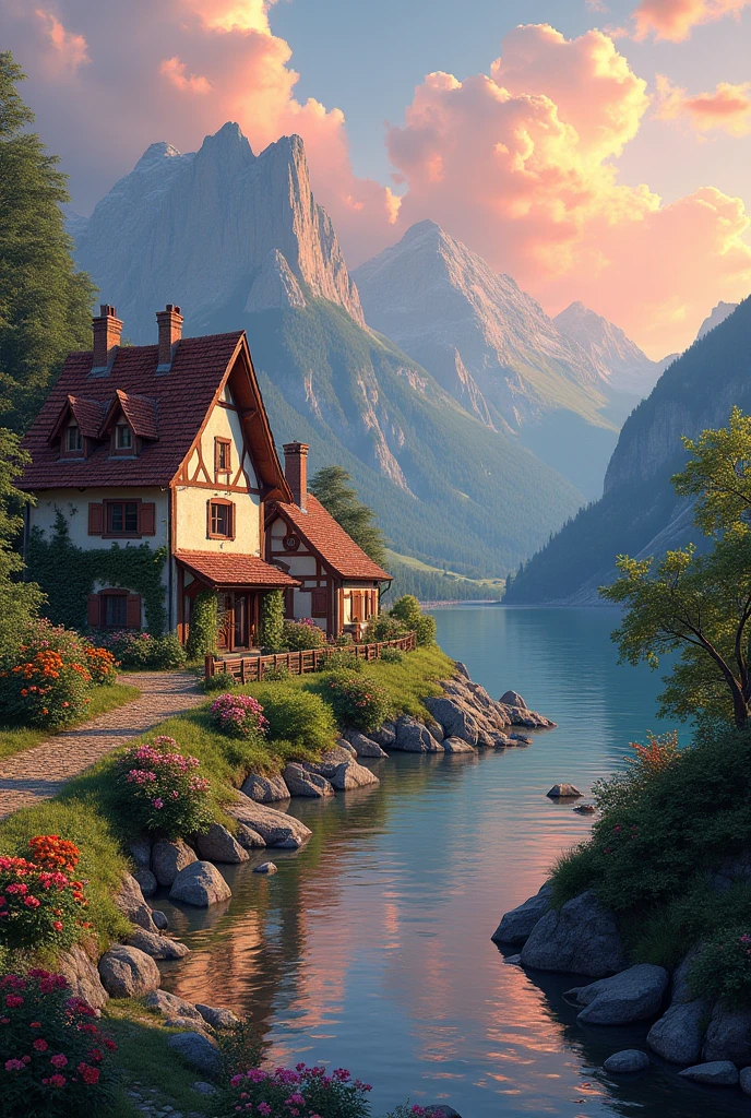 A small village by the river, mountains in the background, colorful flowers, detailed landscape style, beautiful natural scenery, atmospheric lighting,  scorching sunset ,  warm colors, practical, photographic, detailed foliage, complex buildings , cobblestone street, charming country house, vibrant colors, lush vegetation, reflections in the water, pitoresco, idyllic, work of art, Best Quality, 8k, extremely detailed, anime style