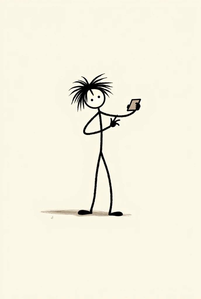 Crie um stickman, With ruffled hair,  holding a cell phone in his hand  