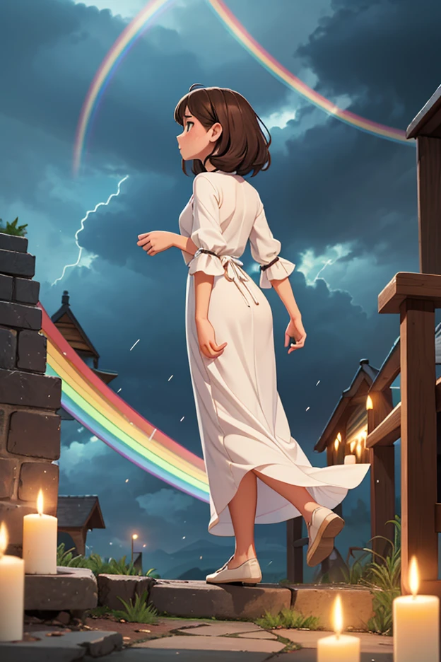 A woman with her back turned, so you cannot see her face. She’s wearing one of those very long white nightgowns, with some ruffles on the edges. She has medium brown hair that’s kind of in the middle of a flowing movement. She’s holding a lit candle, and the light from the flame turns into this rainbow shine.

She stands on a simple staircase, shown from a side angle, like she stopped to stare at the storm clouds ahead of her. The staircase appears to float in the middle of nowhere, surrounded entirely by storm clouds. The clouds stretch far from front her, creating a vast stormy sky that fades into distance. The candle’s radiant rainbow light cuts through the clouds like a magical beam, making the whole scene feel like a moment suspended between reality and a dream.
