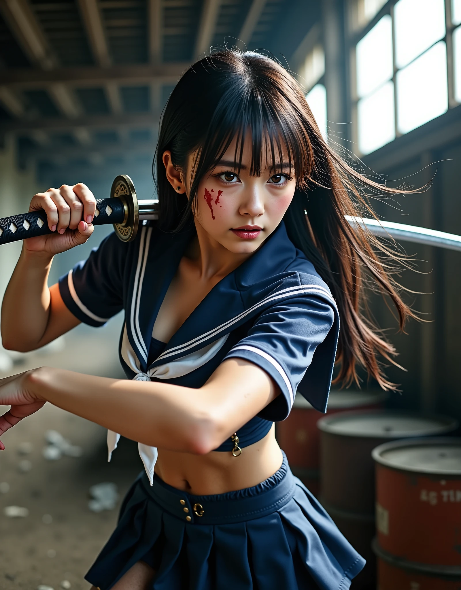 ((((anatomically correct human body structure)))、(((masterpiece、top quality:1.4)))、((real、very detailed、 Best Skin Details 、ultra high definition:2.0))、((real肌の質感:1.4))、(((real写真)))、((((photorealistic:2.0))))、realistic、absurd、top quality、((focus on the face:1.4))、((()))、(((超real)))、((very detailed描写))、((solo))、(((1 high school girl:1.5)))、(((Extremely cool pose holding a Japanese sword in a high position:2.0)))、((( staring sharply at me with both hands :2.0)))、(((An 18-year-old Japanese cute and cool high school girl:1.8)))、((( wearing a dark blue long sleeve sailor suit torn all over :2.0)))、((斜め横からのfull body shot with mahiru))、(( Wide angle shot from slightly below :1.5))、I can see the chest side 、((24mm lens:1.4))、(((日本刀の刃先から女子高生の足元までのfull body shot with mahiru:1.5)))、(((realな日本刀、The exact shape of a Japanese sword 、 the blade shines sharply:1.5))), ((The girl's height is 160 cm、The length of the Japanese sword is 90cm、Blade length 70cm 、 handle length 20cm))、(( balance the entire body、Eliminate too long torso ))、((((Japanese sword with a straight, shiny blade 、She is holding the grip of a Japanese sword firmly with both hands and raising both elbows high, holding it above her head:2.0))))、(((( I don't hold anything other than the grip 、Never hold the blade part :2.0))))、((((I wear my arms side by side with my left hand on the upper side and my right hand on the lower side to hold the grip of the Japanese sword firmly:2.0))))、((((Posture of the haze:2.0))))、(((I'm holding one part of the Japanese sword grip with both hands:2.0)))、((( Hold the blade tip of the Japanese sword diagonally upward and hold it sharply :2.0)))、((((She has a cute and cool face and is glaring sharply at you、 a super cute and cool 18-year-old high school girl :2.0))))、((She is wearing black leather gloves with fingertips、She has cuts and bleeding on both legs:1.5))、((( definitely has a strong grip on a Japanese sword:1.5)))、(((I never hold a blade :2.0)))、(((The Japanese sword has only one grip :2.0)))、(((Aiming for the correct shape and balance of the entire body :2.0)))、(((realistic写真、 illustrations prohibited:2.0)))、((bloodyの汚れた白い靴下と白いスニーカーが見える:1.4))、(((beautiful black hair、 Long straight hair blowing in the wind:1.5)))、((( my face, body, and clothes are stained with sweat, blood, and mud:1.5)))、((( I'm sweating quite a bit between my neck and cleavage )))、 high definition face、Beautiful and delicate face、(( spotlight on face and chest :1.5))、(((There is a lot of sweat on her forehead、She is dirty with mud and sweat、Very stern look)))、((詳細でrealな茶色の瞳))、(((realな瞳にキャッチライト:2.0)))、(((Detailed Long Lashes )))、((realな唇))、((full body shot with mahiru:1.5))、(( upper body shot above the knee :1.2))、(( accurate balance of the whole body :1.5))、Accurate arm shape、 accurate hand shape、(Accurate hand finger shape )、(exact number of fingers after hand work、5 )、Accurate leg shape、( how to hold an anatomically accurate grip ) 、((Japanese high school uniform、torn uniform 、A uniform stained with blood and mud :1.5))、(((Wear a dark blue long-sleeved winter suit and a white scarf and a navy blue flare skirt that's torn all over the place and the white scarf:2.0)))、(( wearing a navy blue flare skirt with the hem torn quite a bit and is stained with blood and mud :1.5))、((紺色の長袖セーラー服の破れた所と white scarf stained with blood の間から汚れて着崩れた白いビキニタイプのとバストの下乳が少しだけ見える:1.3))、((( white scarf stained with blood )))、((She has the tip of her Japanese sword pointing upwards:1.5))、((live action))、((bloody))、(full of wounds)、(Bruises、Internal bleeding)、((( can see bleeding stomach and navel after being cut 、 bleeding from cuts :1.he is bleeding from cuts、She has a lot of sweat on her forehead:1.5))、((Her navy blue skirt is torn and bloody and dirty with mud,  Injured and bleeding,  dirty navy blue long sleeve sailor suit :2.0))、((She is preparing to slash with the tip of her Japanese sword pointing upwards:1.5))、( Inside an old large warehouse with abandoned depth )、 2 rusted drums 、Waste materials、scoop、 Blood Splashes on Floors and Walls 、(( Strong light from a window shines in in the dim ))、( The light from the window is sharply reflected on the blade of a long Japanese sword )、((( impressive pose where you feel movement 、Shaking due to movement of hair, jacket, and skirt :1.5))