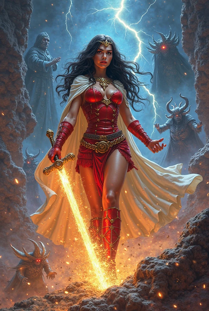 An epic 1980s fantasy movie poster featuring lettering ZXIENA, a powerful warrior sorceress with long dark hair, wearing red leather armor and buccaneers, golden little tiara, and a flowing white pale cape. She stands in a dramatic pose, wielding a glowing magical sword in one hand and casting a powerful spell with the other, her eyes glowing with energy. The background is filled with smoke, lightning, stars, and recognizable villain silhouettes — a dark sorcerer, a horned demon, a monstrous beast, and an evil queen. Bold neon colors, painted cinematic style, dramatic lighting, floating debris, magical aura, and intense action. Title text space at the top, heroic retro 80s vibe, ultra detailed, fantasy-art by Boris Vallejo and Frank Frazetta style.
