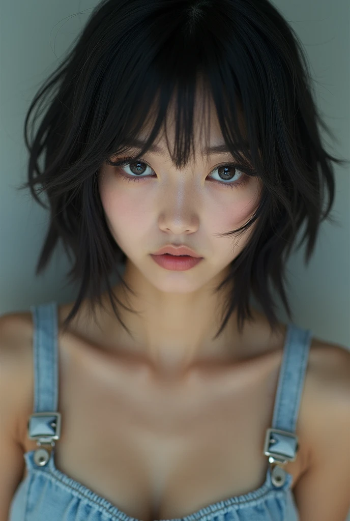 black hair
jeans shorts 
The eyes are black
　Japanese　real　pictures　 　 Facing Front　正面pictures