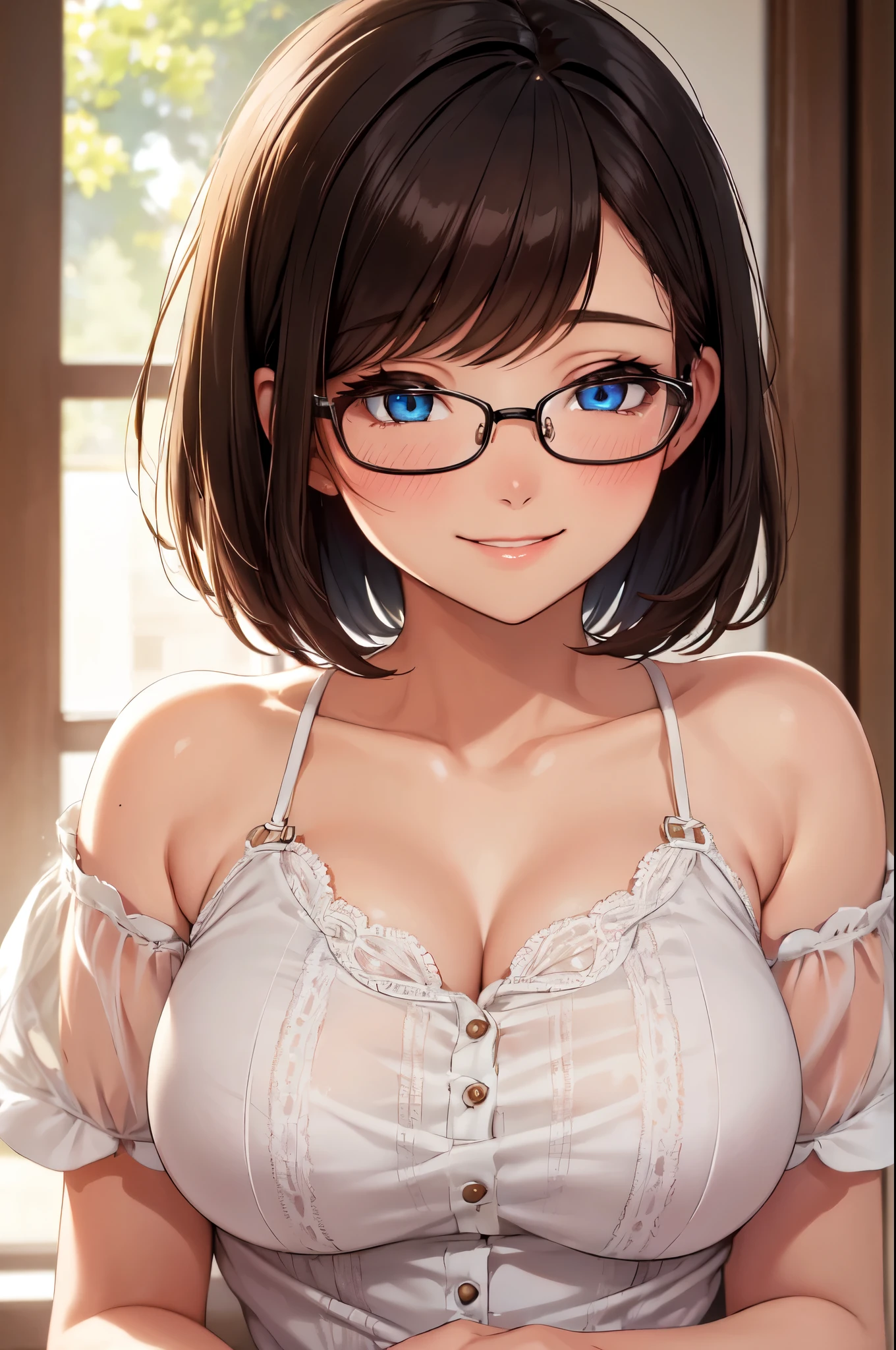 realisticlying、femal、Looking up from the bottom、Face Zoom、Cleavage emphasis、sit on a bed、sexly、Face smile、Face Real、Wearing glasses