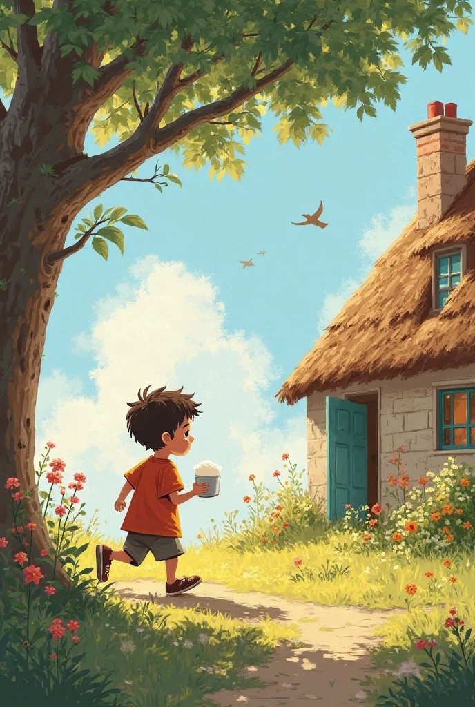 "Sami runs inside a cozy cottage in the background, sunlight spilling through the open door. A moment later, he returns holding a small bowl of milk with both hands, walking carefully back to the fig tree. Flowers sway in the breeze, and a few birds fly across the soft blue sky."