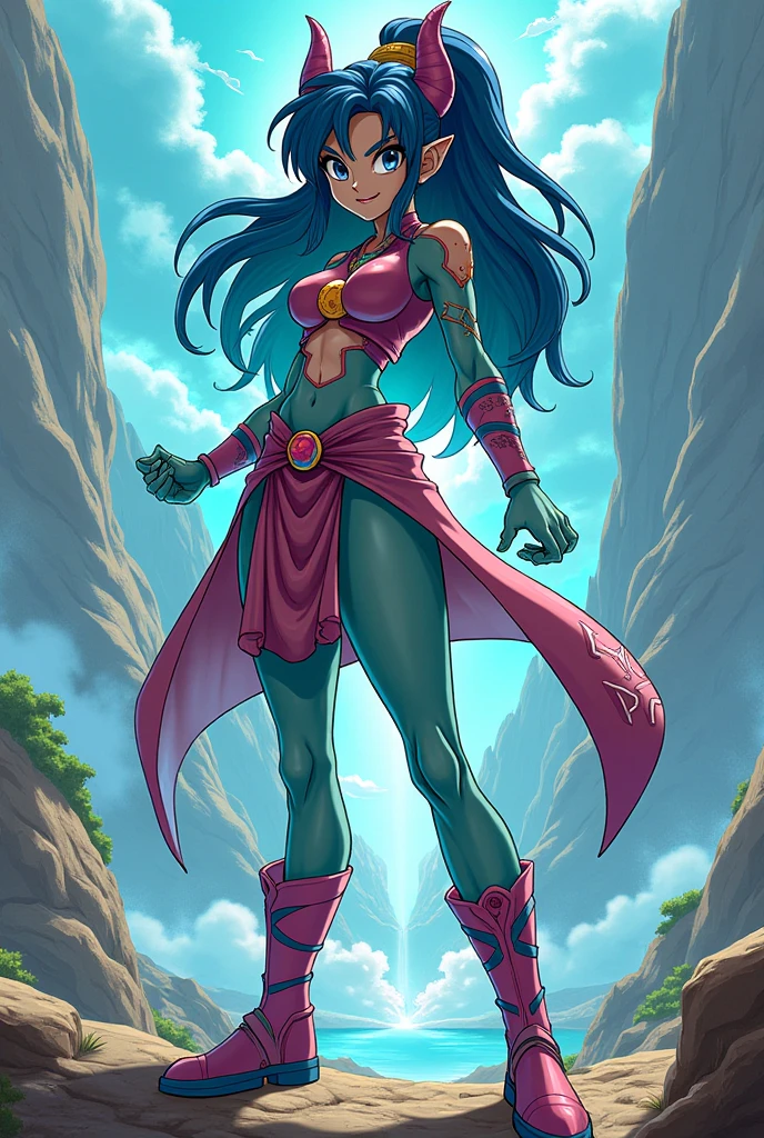 mulher morena com vestido preto e azul e maquiagem preta, olhar assustador, inspirado na Disney Pixar (MENINA NEGRA JOVEM COM CABELO LONGO CACHEADO PRETO)
