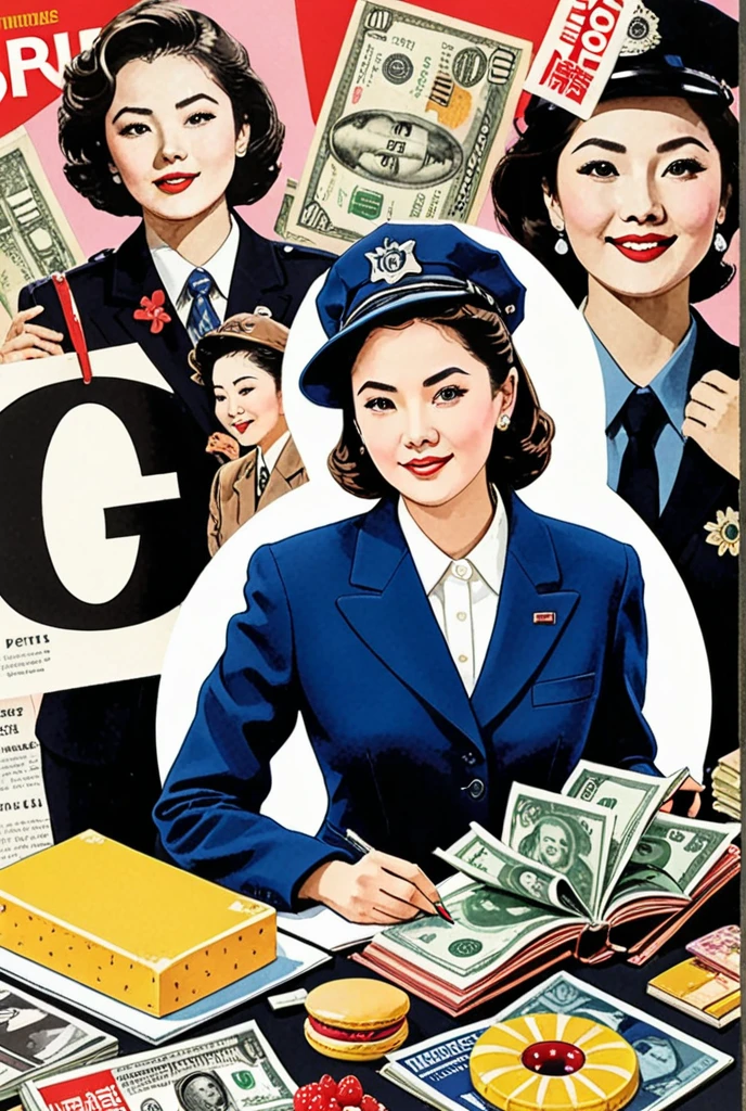 collage art、Cutting and pasting magazines、female、 Politicians、student、Police Officer、business suits、food、sweets、foodstuffs、money、gem、 Vintage 、Retro