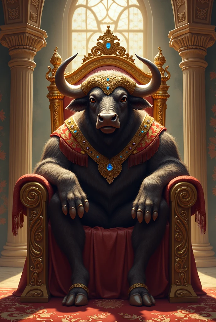 A large bull sitting on a chair inside a colossus, in one hand a baseball bat and in the other a spear impaling a tapir.