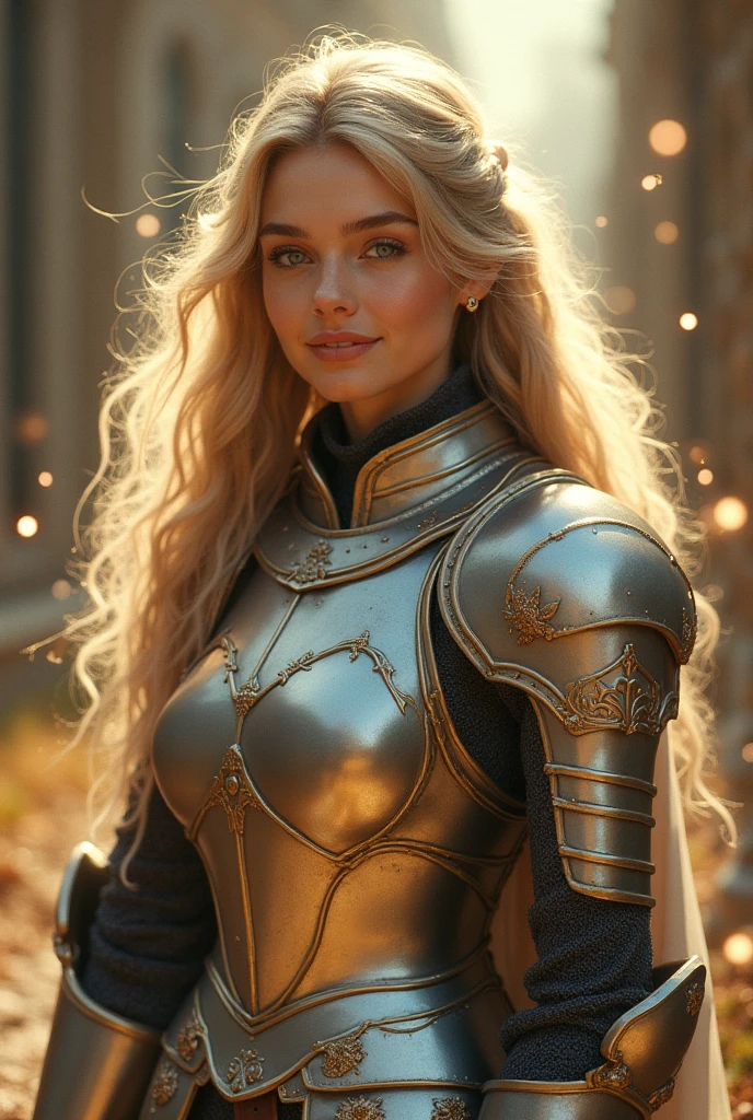 Cute female knight, knight, white silver western-style armor, blonde, curly hair, smiling, collage art, retro collage, masterpiece, best quality, highly detailed, detailed 4k artwork, gloss, sparkle, white gloss and sparkles, magic particles,