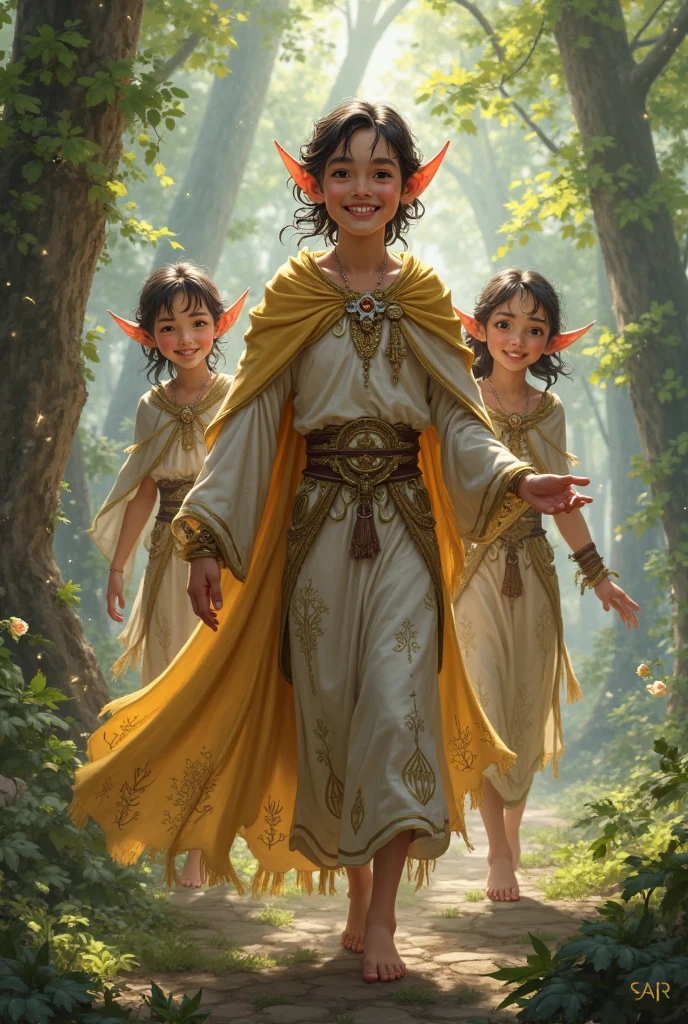 draw an elf prince who happily talks, I come to the right. and he's followed by three other elves 