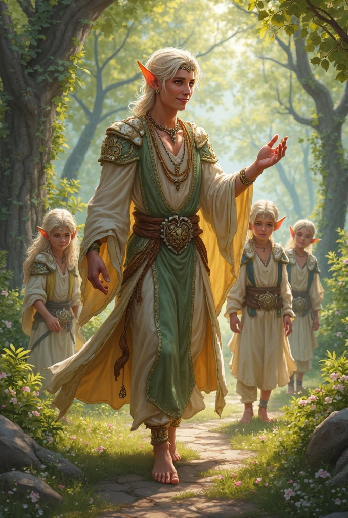 draw an elf prince who happily talks, I come to the right. and he's followed by three other elves