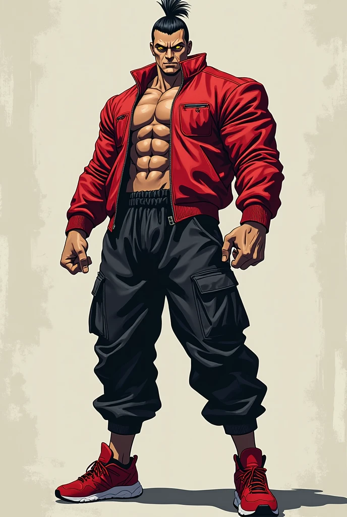 a closeup of a man ready to go into combat, muscular character, inspired by Liao Chi-chun, body of ernest khalimov, muscular male, fighting game character, muscular male hero, exaggerated muscular physique, muscular male figure, shaved hair, goatee, afro-descendant with light chocolate tone, muscular, smiling, ((anime style)), pastel shades