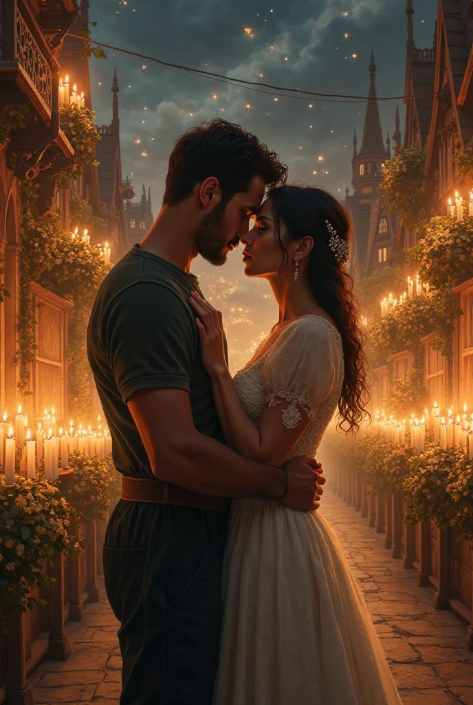 Baroque painting .
A scene showing multiple burning candles, evoking the Festival of Lights in a town. in front, a woman and a man in a close position, embraced in an intimate and quiet environment. The background could be composed of soft candles and dim lights of the people around them and decorated houses.