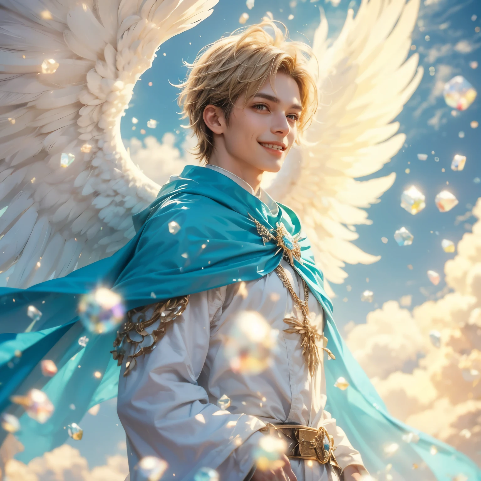 The color of the angel's clothes for a man with a nice smile is in the crystal world of light with an aquamarine cloak and sky blue belt