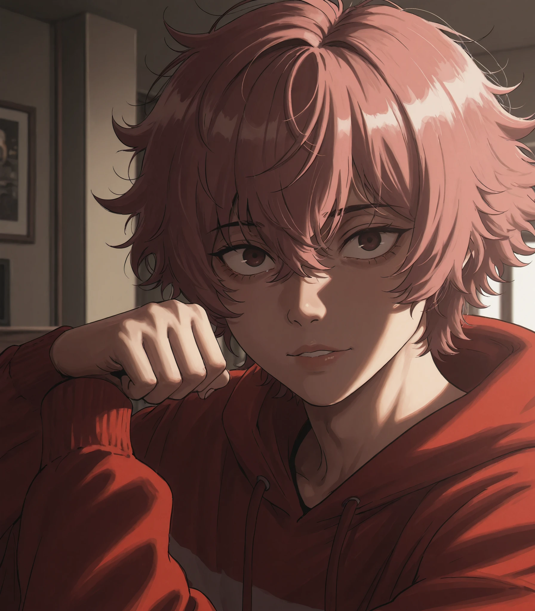 Concept painting. Ilya Kuvshinov art style. Greg Rutkowski art style. Semi-realistic. (Face focus: 1.0). (Masterpiece). (High quality). Sincos art style. Nyantcha art style. Diives art style. Dev_dev(0614) art style. (Solo). Fair skin complexion. Indoors. Apartment. Night. (Male: 1.4). (Masculine: 1.2). (Boy: 1.0). (Man: 0.2). Full lips. Dark brown eyes. Wide eyes. Composed facial expression. Red hoodie. Short, spiky pink hair. Handsome, attractive, and manly. Casual, and neutral. (Pose: 1.4). Living room. Messy hair. Friendly. Happy. Approachable-looking.