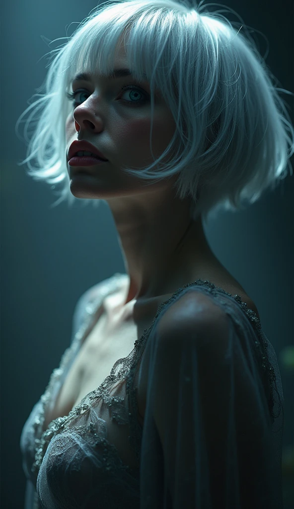 full +18 body, short silver hair, only amazing clear veil with deep clevage until hip - 8k, RAW photo, highest quality, hyperrealistic, a mysterious lady with piercing glacier blue eyes, shrouded with dark aura, haunting, chiaroscuro lighting, hard spoted white dark, depth of field, highly detailed +18
