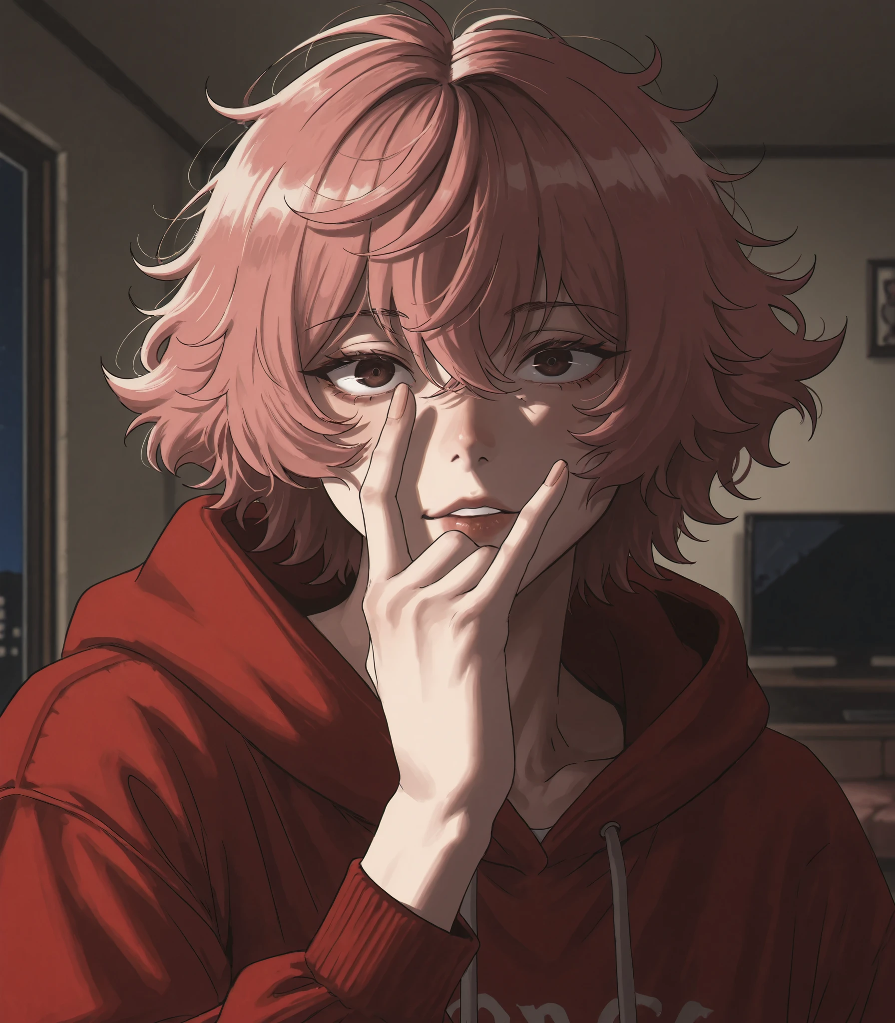 Concept painting. Ilya Kuvshinov art style. Greg Rutkowski art style. Semi-realistic. (Face focus: 1.0). (Masterpiece). (High quality). Sincos art style. Nyantcha art style. Diives art style. Dev_dev(0614) art style. (Solo). Fair skin complexion. Indoors. Apartment. Night. (Male: 1.4). (Masculine: 1.2). (Boy: 1.0). (Man: 0.2). Full lips. Dark brown eyes. Wide eyes. Composed facial expression. Red hoodie. Short, spiky pink hair. Handsome, attractive, and manly. Casual, and neutral. (Pose: 1.6). Living room. (Provocative gesture: 1.4). Messy hair. Friendly. Happy. Approachable-looking.