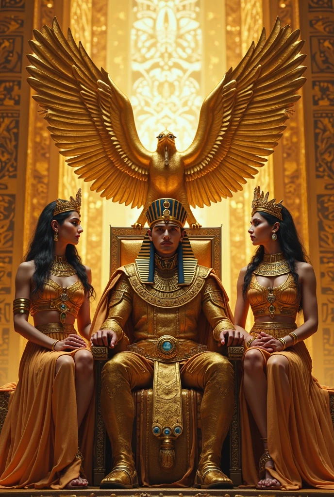 A majestic royal scene inspired by ancient Egyptian mythology. A powerful pharaoh sits on a golden throne, wearing a richly adorned golden crown and ornate armor decorated with gems and ancient symbols. On each side of him, two elegant Egyptian queens in luxurious dresses and jewelry, with traditional makeup and elaborate headdresses. Behind them, a giant golden falcon spreads its wings, radiating divine light, symbolizing Horus. The background is filled with golden patterns and ancient carvings. Hyper-realistic, ultra-detailed, regal and divine ambiance, cinematic lighting