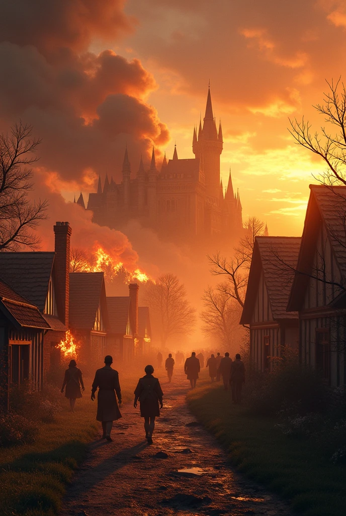 draw a picture of the village burning, and somewhere far away is a castle