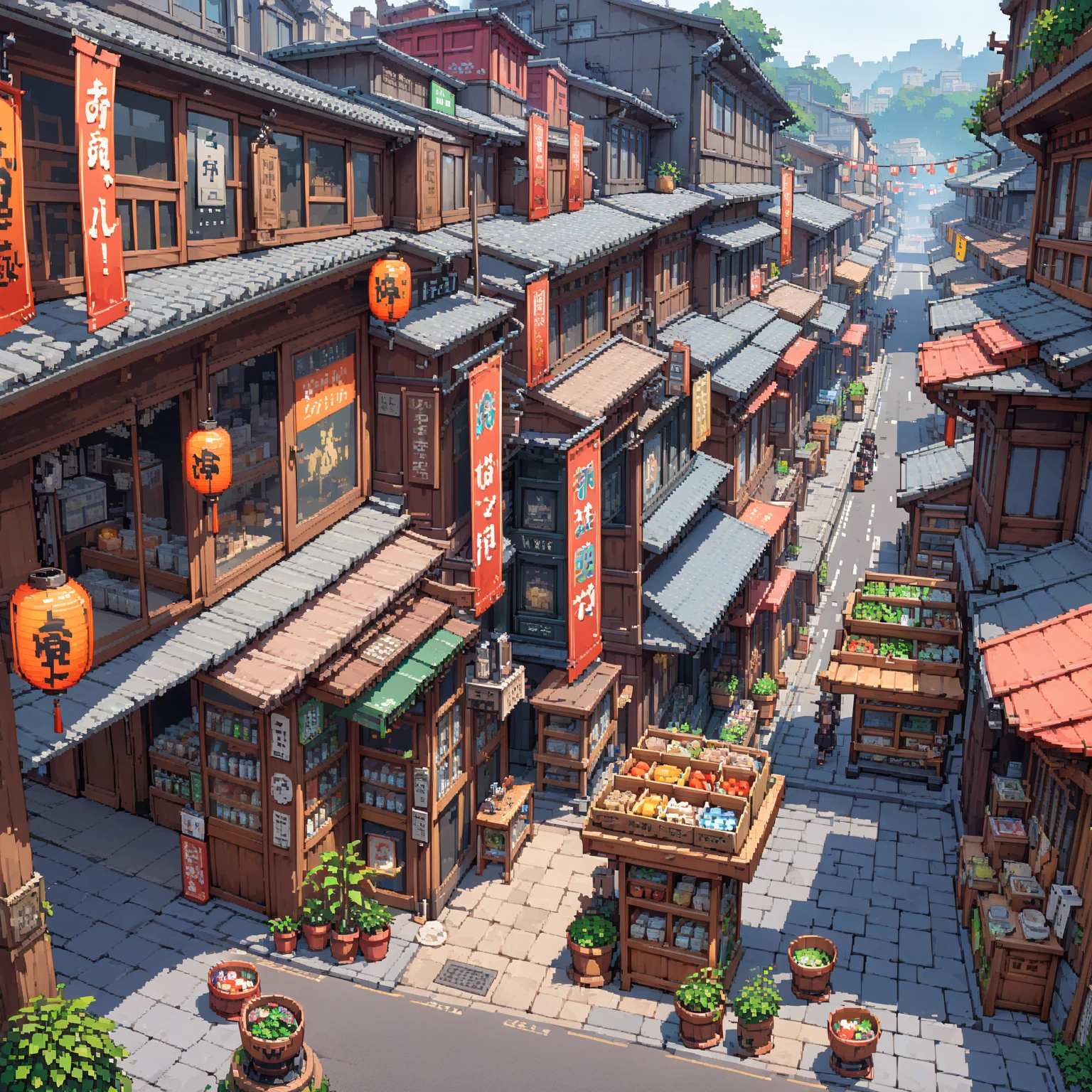 RPG pixel art style, retro video game aesthetic, 8-bit characters, blocky shapes, sharp lines, detailed shading, and vibrant colors. Masterpiece:1.2, ultra-detailed, RPG style. 2D texture, 4K seamless texture, video game texture. Highly detailed ¾th perspective Japanese shopping district.

¾th perspective narrow pedestrian streets lined with colorful storefronts, paper lanterns, neon signs, and vertical banners. Traditional wooden shops mixed with modern glass-front convenience stores and small cafés.

¾th perspective market stalls under awnings selling produce, souvenirs, and local snacks. Vending machines, potted plants, and signage crowd the sidewalks.

¾th perspective arcades and boutique shops, with tiled walkways, overhead wires, and decorative shopfronts. Store signs in Japanese kanji and hiragana add to the authentic vibe.

¾th perspective upper floors with balconies, AC units, and drying laundry. Rooftop signs, lantern posts, and detailed building textures bring the district to life.