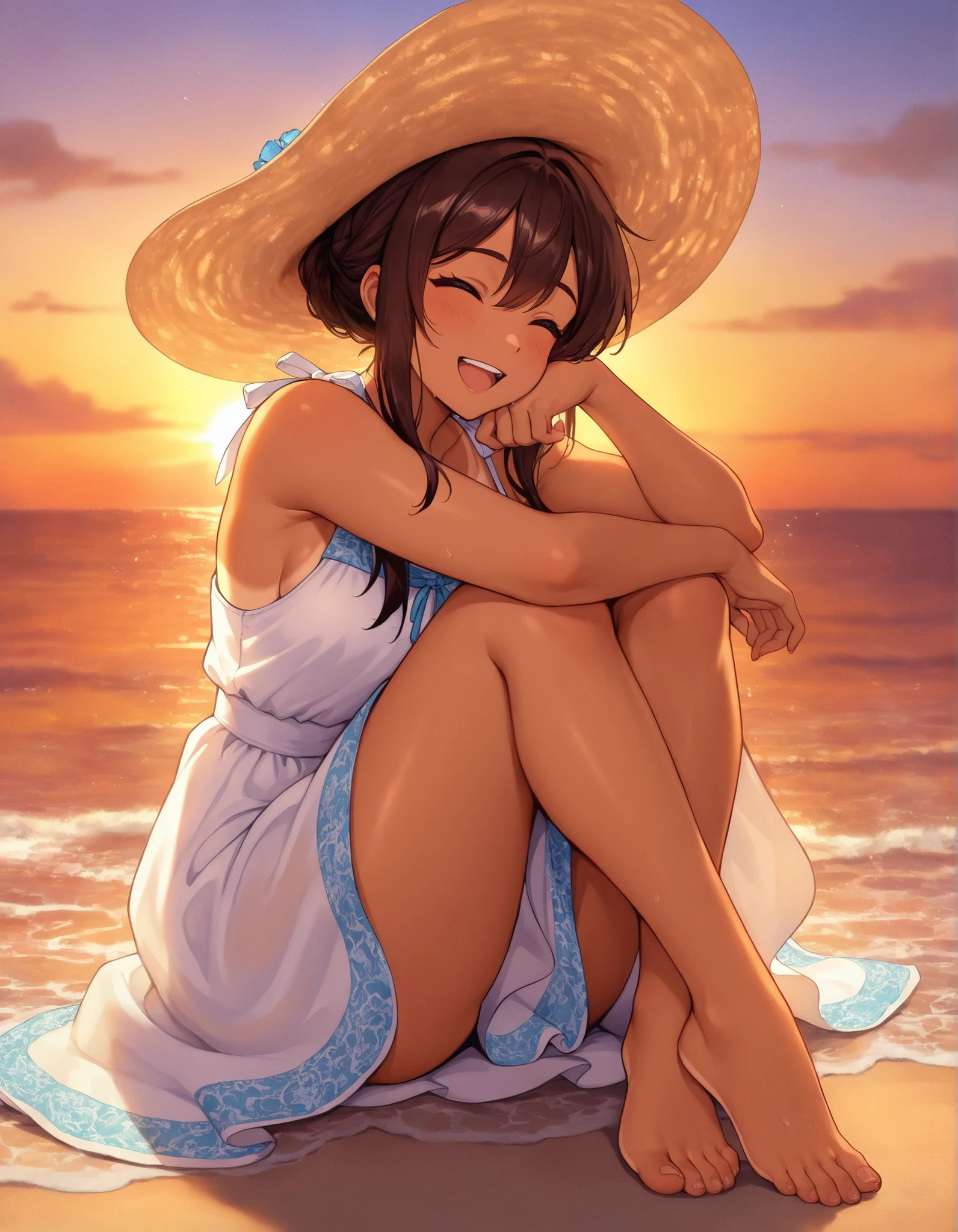 1girl,Tanned barefoot girl laughing as ocean waves lick her toes, sundress fluttering in salty wind, golden sunset backlighting, vibrant Fujifilm Superia film grain
,masterpiece, best quality, newest, highres, absurdres,