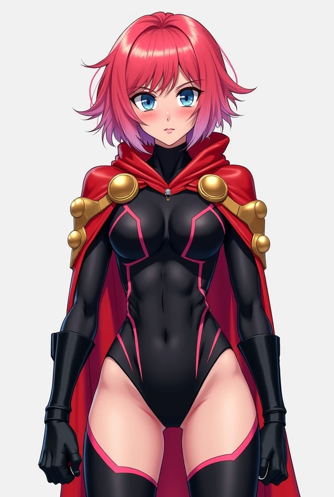 masterpiece, best quality,8k wallpaper, nishikino maki, purple eyes, (pink tight crop top), breasts , cape,elbow gloves, (pink latex cheekies), thighhighs,in jungle , solo, (standing), earrings,crotch , embarrassed, blushing , moist shiny skin,(very detailed sexy navel)