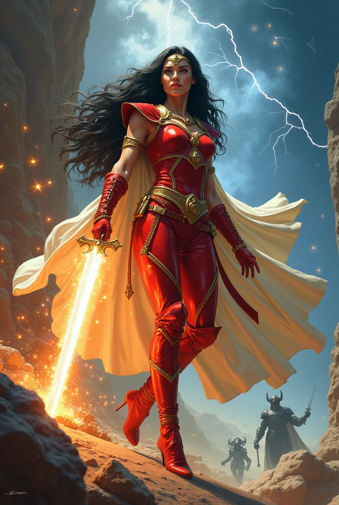An epic 1980s fantasy movie poster featuring lettering ZXIENA, a powerful warrior sorceress with long dark hair, wearing red leather armor and buccaneers, golden little tiara, and a flowing white pale cape. She stands in a dramatic pose, wielding a glowing magical sword in one hand and casting a powerful spell with the other, her eyes glowing with energy. The background is filled with smoke, lightning, stars, and recognizable villain silhouettes — a dark sorcerer, a horned demon, a monstrous beast, and an evil queen. Bold neon colors, painted cinematic style, dramatic lighting, floating debris, magical aura, and intense action. Title text space at the top, heroic retro 80s vibe, ultra detailed, fantasy-art by Boris Vallejo and Frank Frazetta style.
