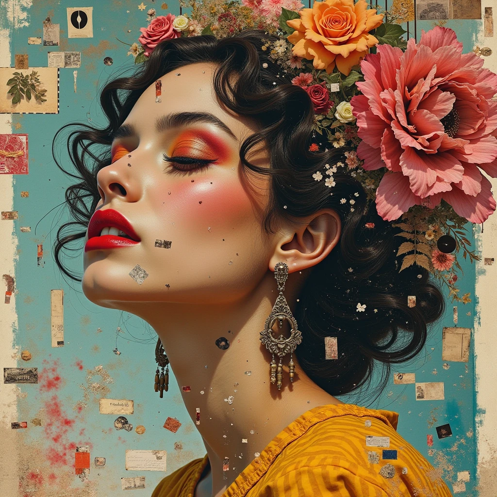 A mesmerizing digital collage of a breathtakingly beautiful woman, born from a chaotic explosion of vibrant vintage magazine clippings, retro textures, and surreal elements. Embrace a rebellious spirit, pushing the boundaries of traditional collage aesthetics. High-resolution 32k image, showcasing intricate details and a breathtaking level of artistry.