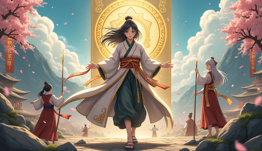 Obra-prima, ultra-detailed, Best Quality,  resolution 4k, 8K, Clear details, epic and mysterious aesthetic, anime style, dynamic angle focused on a young male character. The boy has long, flowing black hair, glowing icy blue eyes and wears a traditional martial arts costume with golden details, that transmits strength and elegance. } He is positioned in a vast Murim world, surrounded by imposing mountains, ancient temples and lush vegetation. Ao fundo, monks train in harmony, while clan flags float in the wind, adding a sense of cultural depth. The sky is divided between shades of light blue and gold, with rays of sunlight illuminating the environment, highlighting the grandeur of the setting.

Behind him, a solid gold holographic panel floats, decorated with intricate patterns, displaying their parameters: 'PODER [999]', 'VELOCIDADE [999]', 'HEALTH [999]' e 'KI [9991]', indicating her incomparable strength.

 next to the protagonist , a young woman with long silver hair wears a refined martial costume, adorned with subtle dragon and flower patterns,  symbolizing strength and grace . She maintains an imposing posture, holding an ornate spear, with a calm expression,  but vigilant . The surrounding scenery is rich in detail: stones carved with ancient inscriptions, arched wooden bridges over crystalline rivers and cherry trees whose petals fall gently into the air.

Dynamic lighting highlights the brightness of the characters' clothes and their determined eyes. The protagonist looks directly at the viewer,  exuding confidence and power , as the girl observes the horizon, symbolizing the balance between determination and serenity. The atmosphere captures the essence of a legendary martial world, where power and tradition converge to create a stunning and immersive setting
