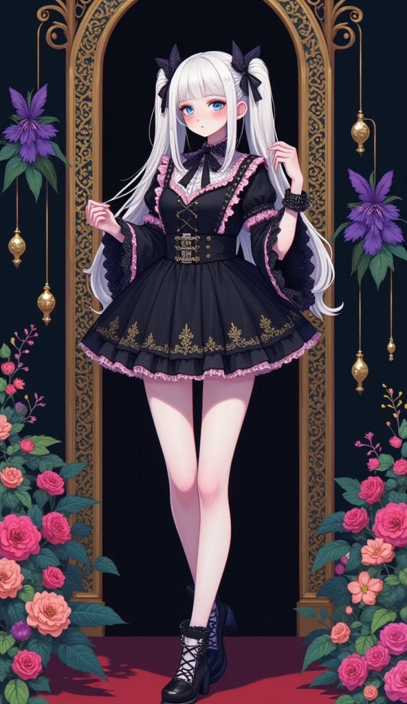 Sparkle, three sided view, hyper HD, High details，white backgrounid，Pink and black long dress，There is a pleated skirt，There is a bow design at the waist，opulent，ellegance，Flat drawing，anime concept art，Anime character design，anime character reference sheet，[character  design]，clothing design